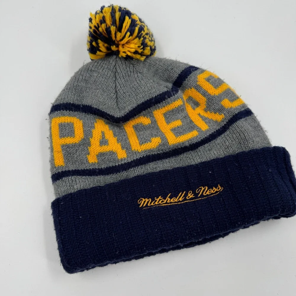 Mitchell Ness NBA Indiana‎ Pacers Knit Beanie Hat Pom Pom Gray Navy Yellow